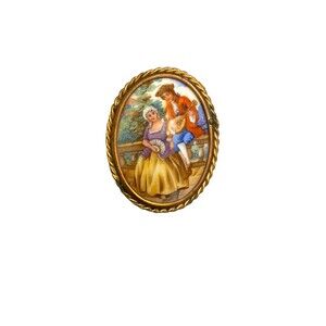 Vintage LIMOGES Hand Painted Porcelain Pin Brooch Courting Couple Made In France